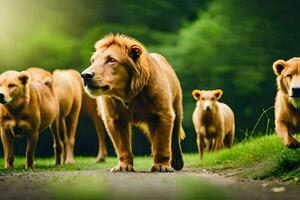 une groupe de les Lions en marchant sur une route. généré par ai photo