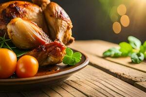 une rôti poulet avec tomates et herbes sur une en bois tableau. généré par ai photo