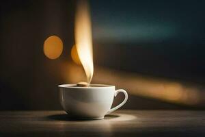 une tasse de café avec une flamme à venir en dehors de il. généré par ai photo