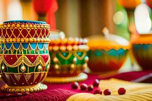 coloré des vases sur une table avec rouge et vert décorations. généré par ai photo