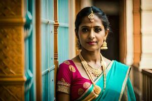 une magnifique Indien femme dans une sari. généré par ai photo