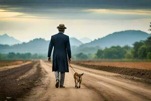 une homme dans une costume et chapeau en marchant le sien chien vers le bas une saleté route. généré par ai photo