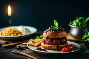 une assiette de nourriture avec une Burger et salade. généré par ai photo