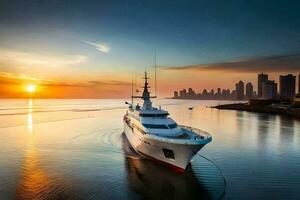 une yacht dans le l'eau à le coucher du soleil. généré par ai photo