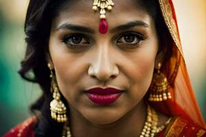 une magnifique Indien femme portant une rouge sari. généré par ai photo