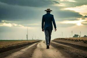 une homme dans une costume et chapeau des promenades vers le bas une saleté route. généré par ai photo