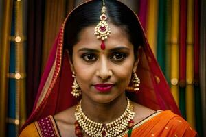 une magnifique Indien femme portant une sari et bijoux. généré par ai photo