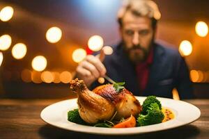 une homme est en mangeant une poulet sur une plaque. généré par ai photo