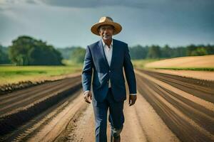 une homme dans une costume et chapeau en marchant sur une saleté route. généré par ai photo