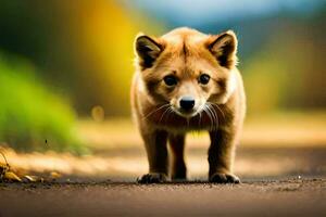 une petit chien en marchant sur une route dans le milieu de le journée. généré par ai photo