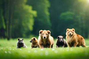 une groupe de chiens fonctionnement dans le herbe. généré par ai photo