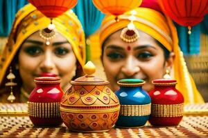 deux femmes dans Indien tenue avec coloré marmites. généré par ai photo