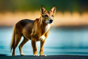 une chien permanent sur le plage par le l'eau. généré par ai photo