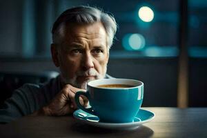 un plus âgée homme séance à une table avec une tasse de café. généré par ai photo