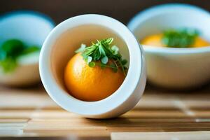 une bol avec un Orange dans il et certains herbes. généré par ai photo