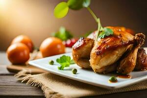 une poulet sur une assiette avec des légumes et tomates. généré par ai photo