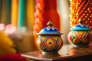 coloré diyas sur une table avec coloré décorations. généré par ai photo