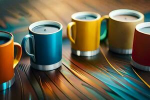 coloré café tasses sur une en bois tableau. généré par ai photo