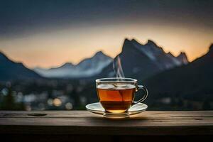 une tasse de thé sur une balcon surplombant le montagnes. généré par ai photo