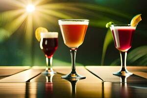 Trois différent les types de des cocktails sur une tableau. généré par ai photo