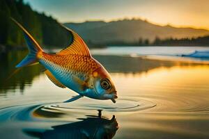 une poisson est nager dans le l'eau à le coucher du soleil. généré par ai photo