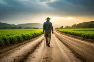 une homme en marchant vers le bas une saleté route dans le milieu de une champ. généré par ai photo