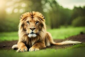 une Lion est séance sur le herbe dans le lumière du soleil. généré par ai photo