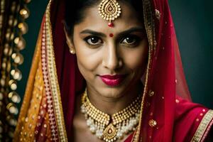 magnifique Indien la mariée dans traditionnel tenue. généré par ai photo