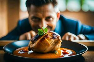 une homme dans une costume est à la recherche à une assiette de aliments. généré par ai photo