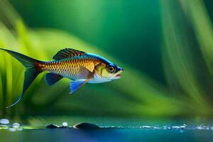 une poisson est nager dans le l'eau avec herbe. généré par ai photo