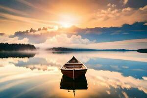 une bateau sur le calme Lac à le coucher du soleil. généré par ai photo