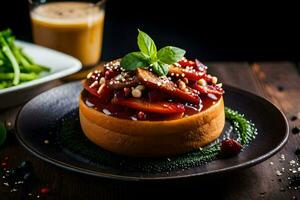 une assiette avec une dessert et une verre de jus. généré par ai photo