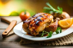 grillé poulet avec des légumes et herbes sur une blanc plaque. généré par ai photo