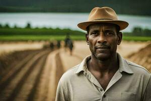 une homme dans une chapeau des stands dans de face de une saleté route. généré par ai photo