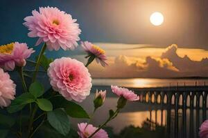 rose fleurs dans de face de une pont à le coucher du soleil. généré par ai photo