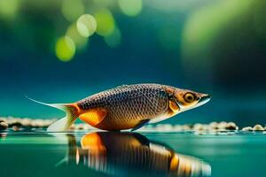 une poisson est séance sur le l'eau avec une vert Contexte. généré par ai photo