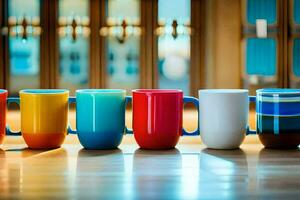 une rangée de coloré café des tasses doublé en haut sur une tableau. généré par ai photo