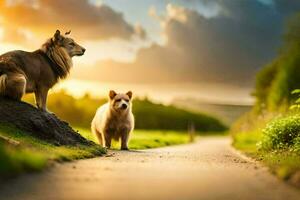 deux chiens sont séance sur une route à le coucher du soleil. généré par ai photo