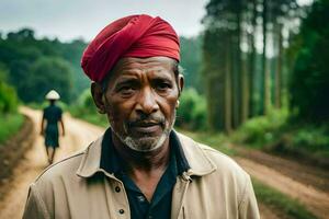 une homme dans une rouge turban des stands sur une saleté route. généré par ai photo