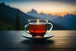 une tasse de thé sur une en bois table dans de face de une Montagne. généré par ai photo