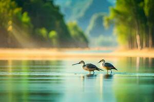 deux des oiseaux permanent sur le l'eau dans de face de des arbres. généré par ai photo