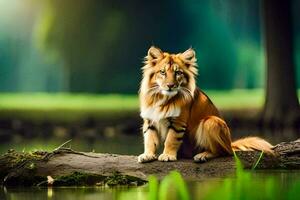 une tigre séance sur une Journal par le l'eau. généré par ai photo