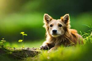 une chien pose dans le herbe. généré par ai photo