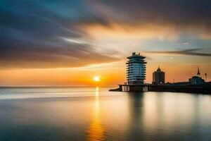 une longue exposition photographier de une phare à le coucher du soleil. généré par ai photo