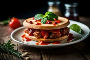 une sandwich avec Viande et tomates sur une plaque. généré par ai photo