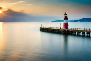 une phare des stands sur une jetée à le coucher du soleil. généré par ai photo