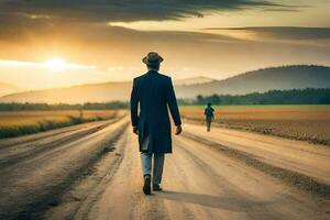 une homme dans une chapeau des promenades vers le bas une saleté route à le coucher du soleil. généré par ai photo