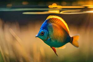 une poisson avec une brillant bleu et Orange corps. généré par ai photo