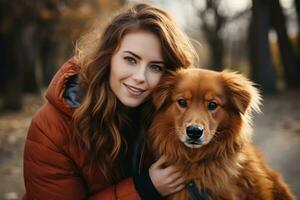 souriant femme avec épilepsie embrassement sa émotif soutien chien dans parc photo