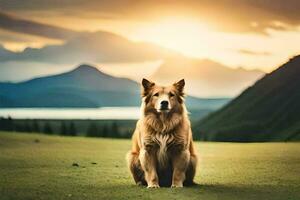 une chien séance dans le herbe à le coucher du soleil. généré par ai photo